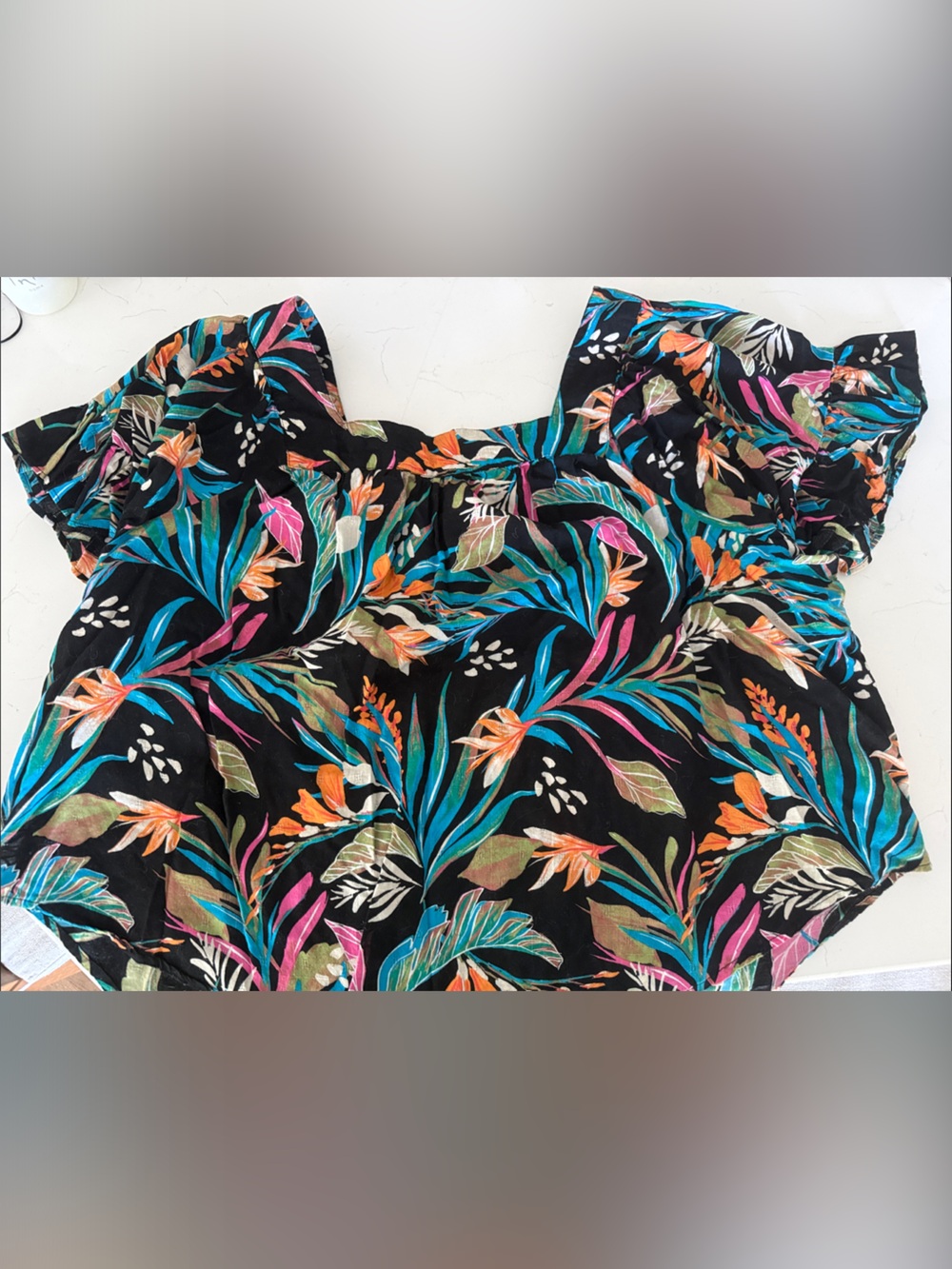 Square Cut Tropical Floral Blouse in Black with Teal & Orange Accents
